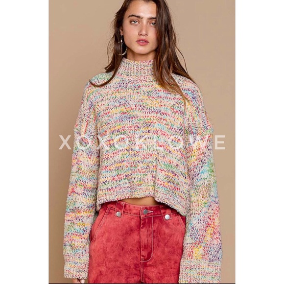 POL Rainbow Mock Neck Cropped Berber Sweater Relaxed Fit